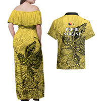 Papua New Guinea National Capital District Couples Matching Off Shoulder Maxi Dress and Hawaiian Shirt PNG Birds Of Paradise Polynesian Arty Style LT03 - Polynesian Pride