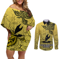 Personalised Papua New Guinea National Capital District Couples Matching Off Shoulder Short Dress and Long Sleeve Button Shirts PNG Birds Of Paradise Polynesian Arty Style LT03 Yellow - Polynesian Pride