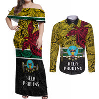 Papua New Guinea Hela Province Couples Matching Off Shoulder Maxi Dress and Long Sleeve Button Shirts PNG Birds Of Paradise Polynesian Arty Style LT03 Yellow - Polynesian Pride