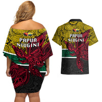 Papua New Guinea Hela Province Couples Matching Off Shoulder Short Dress and Hawaiian Shirt PNG Birds Of Paradise Polynesian Arty Style LT03 - Polynesian Pride