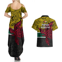 Papua New Guinea Hela Province Couples Matching Summer Maxi Dress and Hawaiian Shirt PNG Birds Of Paradise Polynesian Arty Style LT03 - Polynesian Pride