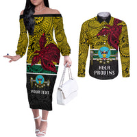 Personalised Papua New Guinea Hela Province Couples Matching Off The Shoulder Long Sleeve Dress and Long Sleeve Button Shirts PNG Birds Of Paradise Polynesian Arty Style LT03 Yellow - Polynesian Pride