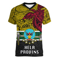 Personalised Papua New Guinea Hela Province Women V Neck T Shirt PNG Birds Of Paradise Polynesian Arty Style LT03 Female Yellow - Polynesian Pride