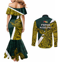 Papua New Guinea Jiwaka Province Couples Matching Mermaid Dress and Long Sleeve Button Shirts PNG Birds Of Paradise Polynesian Arty Style LT03 - Polynesian Pride