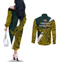 Papua New Guinea Jiwaka Province Couples Matching Off The Shoulder Long Sleeve Dress and Long Sleeve Button Shirts PNG Birds Of Paradise Polynesian Arty Style LT03 - Polynesian Pride