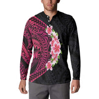 Hawaiian Tropical Plumeria Art Polynesian Tattoo Button Sweatshirt Black and Bright Pink Color