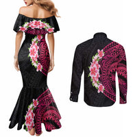 Hawaiian Tropical Plumeria Art Polynesian Tattoo Couples Matching Mermaid Dress and Long Sleeve Button Shirt Black and Bright Pink Color