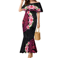 Hawaiian Tropical Plumeria Art Polynesian Tattoo Family Matching Mermaid Dress and Hawaiian Shirt Black and Bright Pink Color
