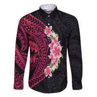 Hawaiian Tropical Plumeria Art Polynesian Tattoo Family Matching Off The Shoulder Long Sleeve Dress and Hawaiian Shirt Black and Bright Pink Color