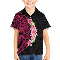 Hawaiian Tropical Plumeria Art Polynesian Tattoo Family Matching Off The Shoulder Long Sleeve Dress and Hawaiian Shirt Black and Bright Pink Color