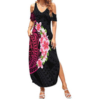 Hawaiian Tropical Plumeria Art Polynesian Tattoo Family Matching Summer Maxi Dress and Hawaiian Shirt Black and Bright Pink Color