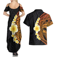 Hawaiian Tropical Plumeria Art Polynesian Tattoo Couples Matching Summer Maxi Dress and Hawaiian Shirt Black and Autumn Color Theme