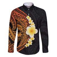 Hawaiian Tropical Plumeria Art Polynesian Tattoo Family Matching Long Sleeve Bodycon Dress and Hawaiian Shirt Black and Autumn Color Theme