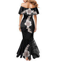 Hawaiian Tropical Plumeria Art Polynesian Tattoo Family Matching Mermaid Dress and Hawaiian Shirt Grayscale Color