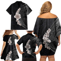 Hawaiian Tropical Plumeria Art Polynesian Tattoo Family Matching Off Shoulder Short Dress and Hawaiian Shirt Grayscale Color