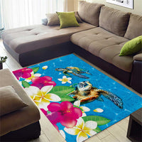 Hawaiian Tropical Flower and Honu Under Blue Water Area Rug