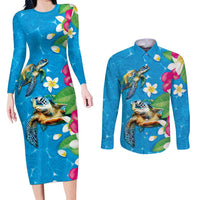 Hawaiian Tropical Flower and Honu Under Blue Water Couples Matching Long Sleeve Bodycon Dress and Long Sleeve Button Shirt