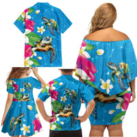Hawaiian Tropical Flower and Honu Under Blue Water Family Matching Off Shoulder Short Dress and Hawaiian Shirt