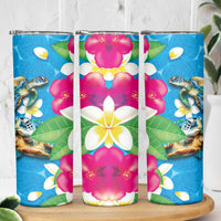 Hawaiian Tropical Flower and Honu Under Blue Water Skinny Tumbler