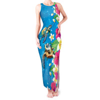 Hawaiian Tropical Flower and Honu Under Blue Water Tank Maxi Dress