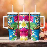 Hawaiian Tropical Flower and Honu Under Blue Water Tumbler With Handle