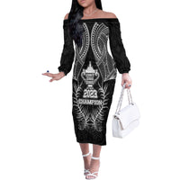 New Zealand Rugby Family Matching Off Shoulder Long Sleeve Dress and Hawaiian Shirt Aotearoa Champion Cup History with Silver Fern LT03 Mom's Dress Black - Polynesian Pride