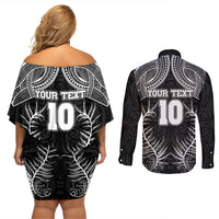 Custom New Zealand Rugby Couples Matching Off Shoulder Short Dress and Long Sleeve Button Shirt Aotearoa Champion Cup History with Silver Fern LT03 - Polynesian Pride