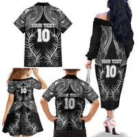 Custom New Zealand Rugby Family Matching Off Shoulder Long Sleeve Dress and Hawaiian Shirt Aotearoa Champion Cup History with Silver Fern LT03 - Polynesian Pride