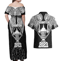 New Zealand Rugby Couples Matching Off Shoulder Maxi Dress and Hawaiian Shirt Aotearoa Champion Cup History with Haka Dance LT03 - Polynesian Pride