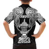 New Zealand Rugby Family Matching Off Shoulder Long Sleeve Dress and Hawaiian Shirt Aotearoa Champion Cup History with Haka Dance LT03 - Polynesian Pride