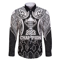Personalised New Zealand Rugby Family Matching Off Shoulder Short Dress and Hawaiian Shirt Aotearoa Champion Cup History with Haka Dance LT03 Dad's Shirt - Long Sleeve Black - Polynesian Pride