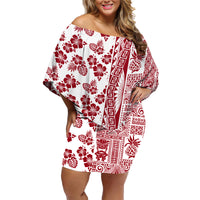 Hawaii Family Matching Off Shoulder Short Dress and Hawaiian Shirt Aloha Tropical Plants Tribal Pattern Red Version LT03 Mom's Dress Red - Polynesian Pride