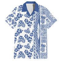 Hawaii Family Matching Tank Maxi Dress and Hawaiian Shirt Aloha Tropical Plants Tribal Pattern Blue Version LT03 Dad's Shirt - Short Sleeve Blue - Polynesian Pride
