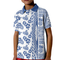 Hawaii Kid Polo Shirt Aloha Tropical Plants Tribal Pattern Blue Version LT03 Kid Blue - Polynesian Pride