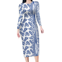Hawaii Long Sleeve Bodycon Dress Aloha Tropical Plants Tribal Pattern Blue Version LT03 Long Dress Blue - Polynesian Pride