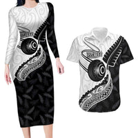 Personalised Aotearoa Lawn Bowls Couples Matching Long Sleeve Bodycon Dress and Hawaiian Shirt Maori and Silver Fern Half Style - Polynesian Pride