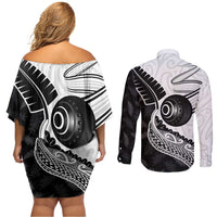 Personalised Aotearoa Lawn Bowls Couples Matching Off Shoulder Short Dress and Long Sleeve Button Shirt Maori and Silver Fern Half Style - Polynesian Pride
