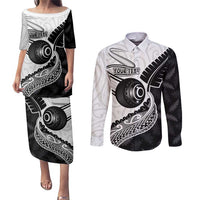 Personalised Aotearoa Lawn Bowls Couples Matching Puletasi and Long Sleeve Button Shirt Maori and Silver Fern Half Style - Polynesian Pride