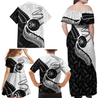 Personalised Aotearoa Lawn Bowls Family Matching Off Shoulder Maxi Dress and Hawaiian Shirt Maori and Silver Fern Half Style - Polynesian Pride