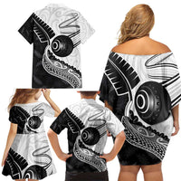 Personalised Aotearoa Lawn Bowls Family Matching Off Shoulder Short Dress and Hawaiian Shirt Maori and Silver Fern Half Style - Polynesian Pride