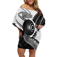 Personalised Aotearoa Lawn Bowls Family Matching Off Shoulder Short Dress and Hawaiian Shirt Maori and Silver Fern Half Style - Polynesian Pride