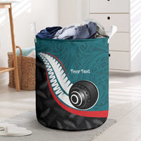 Personalised Aotearoa Lawn Bowls Laundry Basket Maori and Silver Fern Sporty Style Teal Color - Polynesian Pride