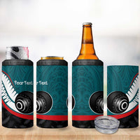 Personalised Aotearoa Lawn Bowls 4 in 1 Can Cooler Tumbler Maori and Silver Fern Sporty Style Teal Color - Polynesian Pride
