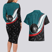 Personalised Aotearoa Lawn Bowls Couples Matching Long Sleeve Bodycon Dress and Hawaiian Shirt Maori and Silver Fern Sporty Style Teal Color - Polynesian Pride