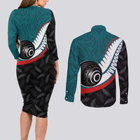 Personalised Aotearoa Lawn Bowls Couples Matching Long Sleeve Bodycon Dress and Long Sleeve Button Shirt Maori and Silver Fern Sporty Style Teal Color - Polynesian Pride