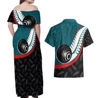 Personalised Aotearoa Lawn Bowls Couples Matching Off Shoulder Maxi Dress and Hawaiian Shirt Maori and Silver Fern Sporty Style Teal Color - Polynesian Pride