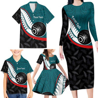 Personalised Aotearoa Lawn Bowls Family Matching Long Sleeve Bodycon Dress and Hawaiian Shirt Maori and Silver Fern Sporty Style Teal Color - Polynesian Pride