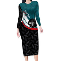Personalised Aotearoa Lawn Bowls Family Matching Long Sleeve Bodycon Dress and Hawaiian Shirt Maori and Silver Fern Sporty Style Teal Color - Polynesian Pride