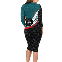Personalised Aotearoa Lawn Bowls Family Matching Long Sleeve Bodycon Dress and Hawaiian Shirt Maori and Silver Fern Sporty Style Teal Color - Polynesian Pride