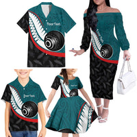 Personalised Aotearoa Lawn Bowls Family Matching Off The Shoulder Long Sleeve Dress and Hawaiian Shirt Maori and Silver Fern Sporty Style Teal Color - Polynesian Pride